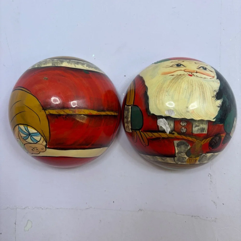 Vintage Santa Claus Wooden Nesting Spheres With 3 Christmas Matryoshka Dolls